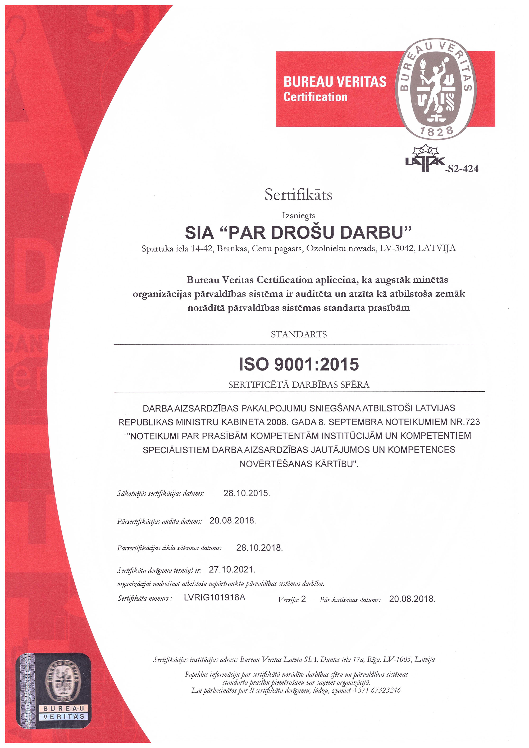 ISO 9001 2009 Drošs Darbs